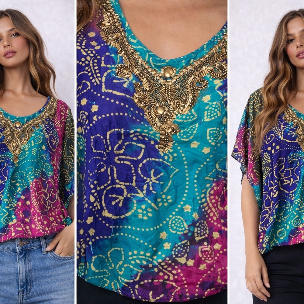 Chico’s Beaded Boho Blouse | Jewel-Tone Patchwork & Flowy Goddess Fit - Picture 4 of 6
